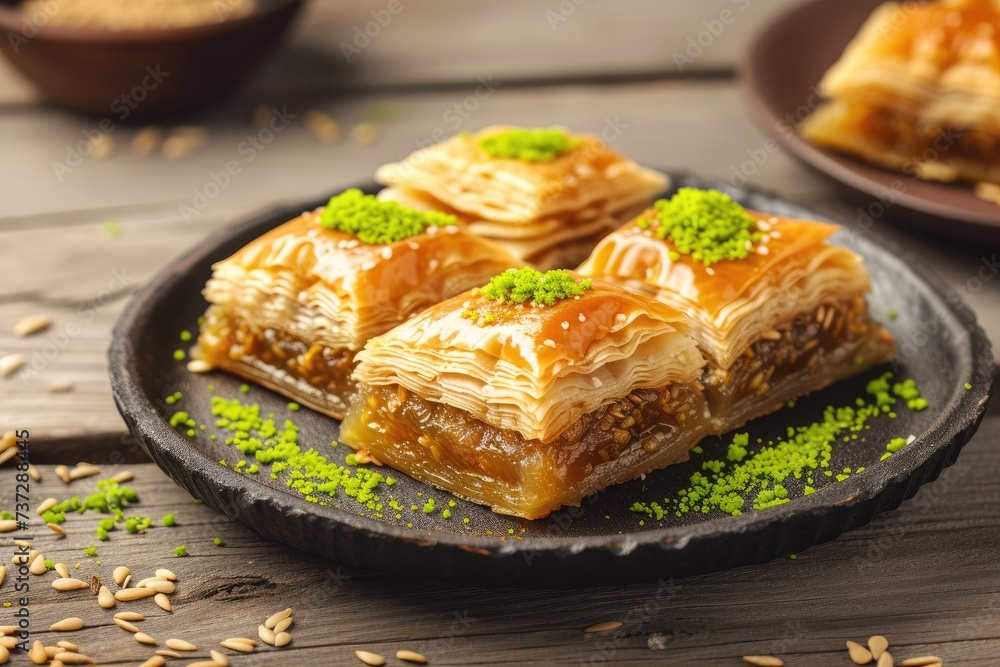 Baklava in a plate on wooden table Baklava in a plate on wooden table