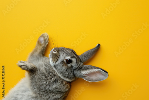 Cute grey rabbit lying on back on yellow background, fluffy ears, playful posture, animal antics, bunny paws up, adorable pet, whiskers detail, comical position, close-up shot, space for text.