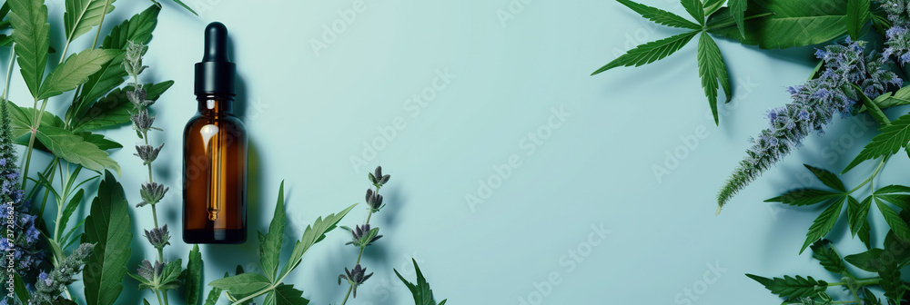 Glass bottle with dropper surrounded by cannabis leaves and buds on a blue background, showcasing CBD oil products. Banner with copy space. - obrazy, fototapety, plakaty 