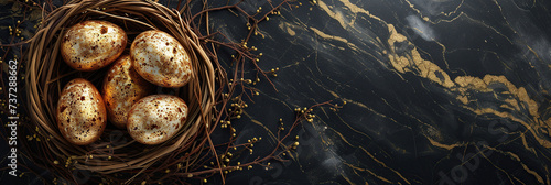 Golden speckled eggs nestled in a dark wicker basket on a black marbled background with luxurious gold streaks, symbolizing wealth and prosperity. Easter concept. Banner.