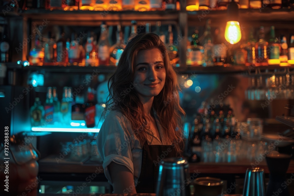Stunning Bartender: Female Elegance Shines as She Works at the Bar. Captivating Presence Enhances the Atmosphere. Ideal Visual for Beverage Brands, Nightclubs, and Social Gatherings