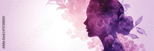 The elegant profile of a female silhouette adorned with floral elements in varying shades of purple, serenity, and a connection with nature. Concept of International Women's Day. Banner