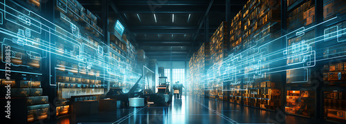 Futuristic Technology Retail Warehouse, a digital warehouse with electronic grids connected to a barcode scanner banner background