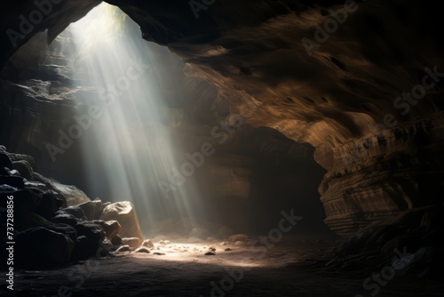 A photograph capturing the ethereal beauty of light and shadow in a cave