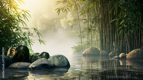 States of mind, meditation, feng shui, relaxation, nature, zen concept. Bamboo, rocks and water 
