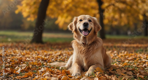 Cute playful Labrador retriever dog sitting on fallen leaves, dog park, dog walk concept.