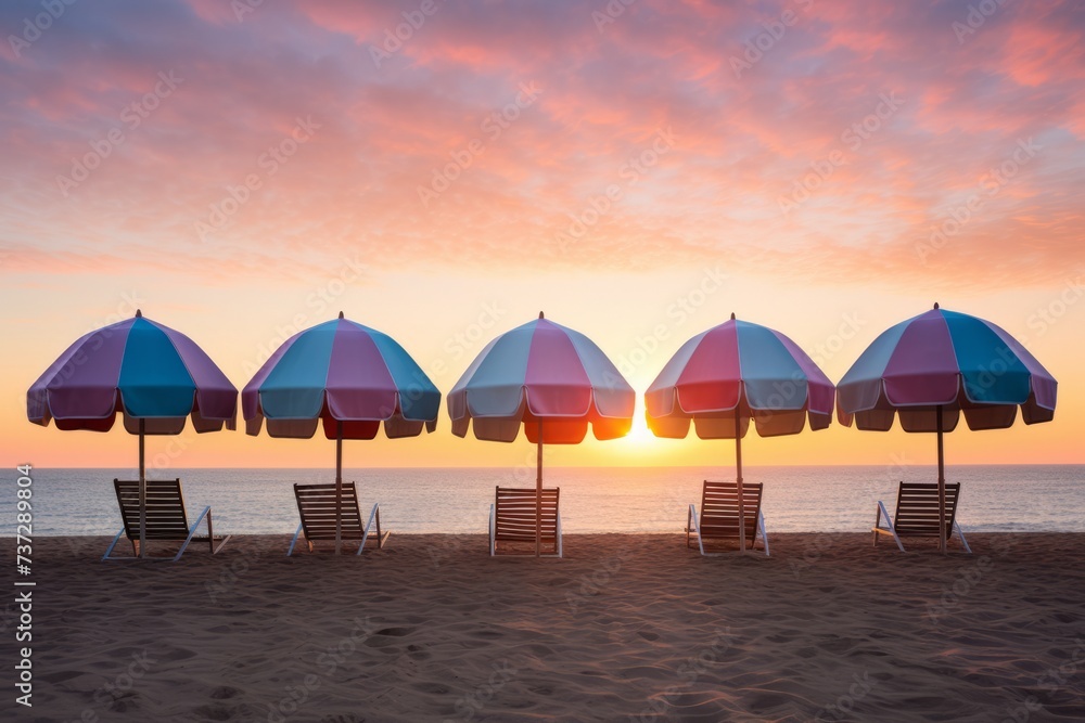 A row of beach umbrellas at sunrise