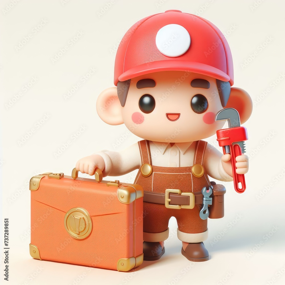Fototapeta premium Cute Cartoon Craftsman with Toolbox. 3D minimalist cute illustration on a light background.