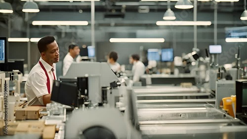 Teamwork and productivity of group of skilled men diligently work together in bustling factory, executing their tasks with precision and finesse photo