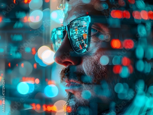 Man in Glasses Surrounded by Digital Data
