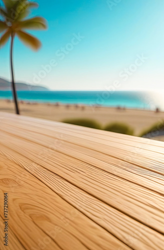Empty table with copy space for product presentation, mockup. Table against the background of the beach.