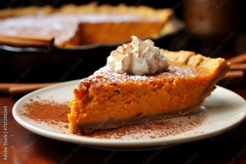 A slice of sweet potato pie with a cinnamon dusting