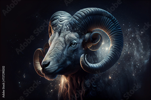 Image of aries sign with stars on black background. Zodiac signs, stars and horoscop concept digitally generated image. photo