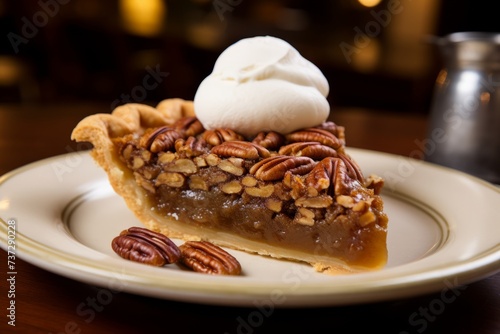 A slice of classic pecan pie with a dollop of whipped cream