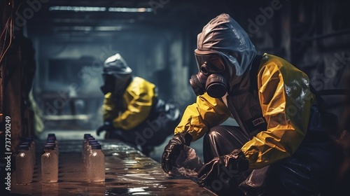 Specialists wearing protective suits check the surfaces of workplaces for dangerous chemicals. Emergency response to a radioactive accident at a factory, subway, or public place. photo