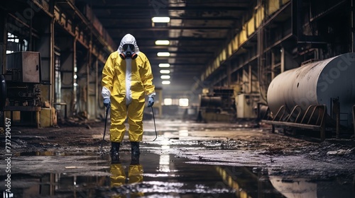 A specialist in emergency response to a radioactive accident, wearing a protective suit, works in a factory at the scene of the disaster.
