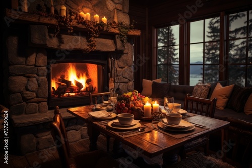 A table in a cozy cabin with a roaring fire