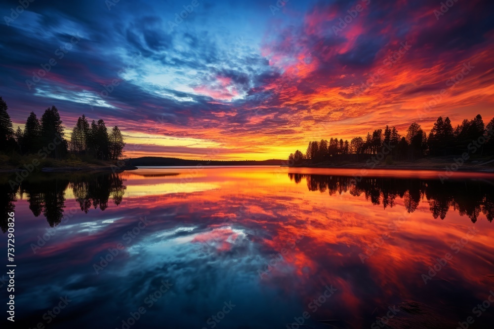 A tranquil reflection of a colorful sunset on a tranquil lake