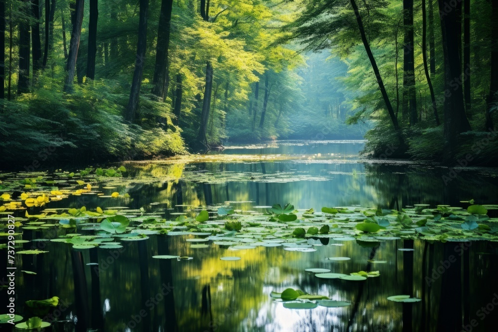 A tranquil reflection of a peaceful forest scene in the glassy waters of a pond A tranquil reflection of a peaceful forest scene in the glassy waters of a pond