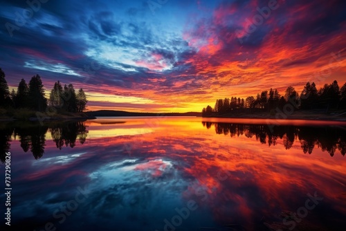 A tranquil reflection of a colorful sunset on a tranquil lake