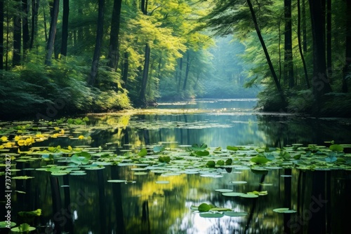 A tranquil reflection of a peaceful forest scene in the glassy waters of a pond