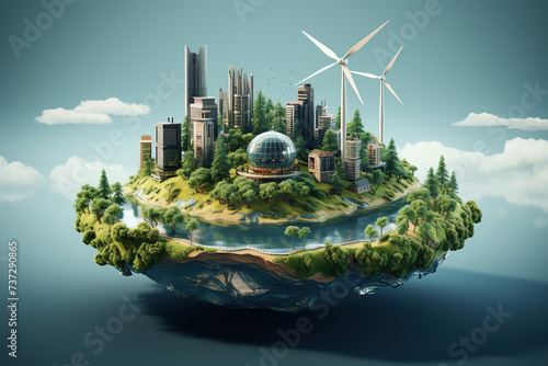 Conceptual floating island containing a modern cityscape with skyscrapers, green areas, and wind turbines, symbolizing sustainable urban living.