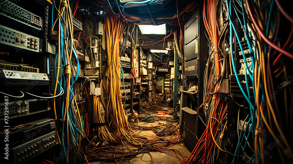 A mess of wires, chaotic computer network cable room - obrazy, fototapety, plakaty 