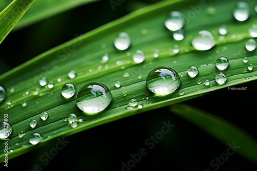 An extreme close-up of water droplets on a blade of grass