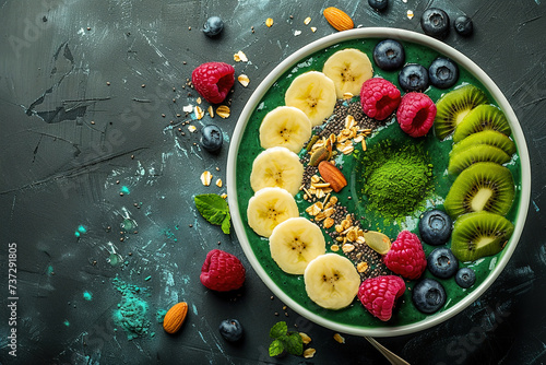 Vibrant spirulina powder sprinkled over a smoothie bowl adorned with sliced fruits, nuts, and seeds, nutritious breakfast.