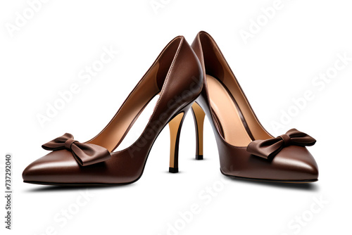 A pair of fashionable brown high heels with a stylish bow, perfect for the business woman style. Isolated