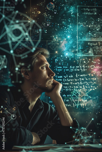 Quantum philosopher exploring theoretical dimensions: Image of a pensive individual staring into space, surrounded by equations and diagrams. photo