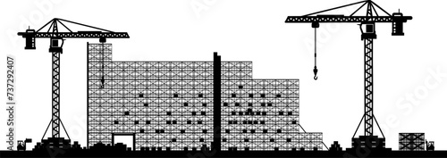 Vektor Silhouetten Bauindustrie - Gebäude Halle Baustelle mit Baukran und Gabelstapler - Bau Projekt Phase Rohbau 
