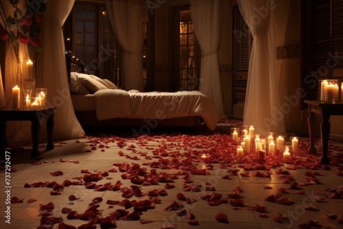 Candlelit room with rose petals on the floor
