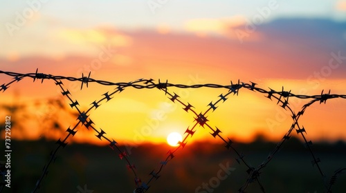 Macro view of a barbed wire against a sunset