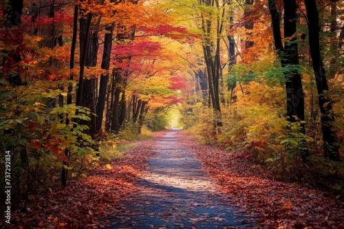Colorful leaves on a path through the woods