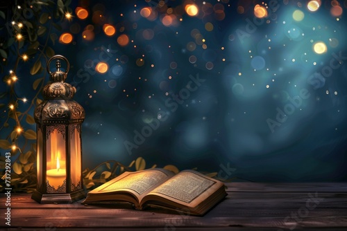Eid Al Fitr background design of a realistic a lantern and a book on a table