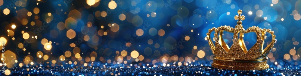 Fototapeta premium Gold crown on blue bokeh background