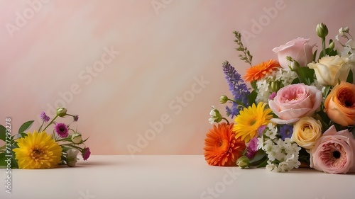bouquet of flowers Fresh, vibrant flowers arranged in a spring floral composition against a soft pastel backdrop. Concept of festive flowers with space for writing.