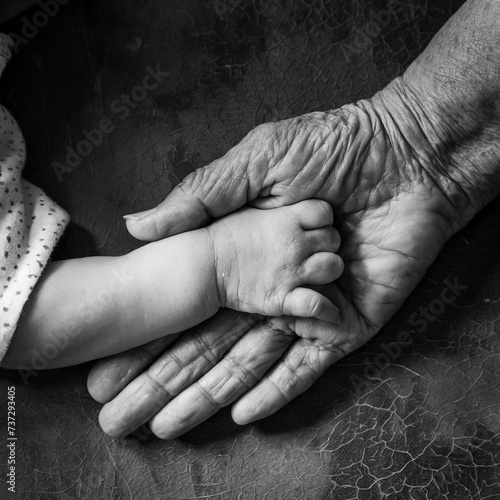 Portrait of a young and old generations, grandma and grandson, hand of the old and the young people, The sign of love, Love forever