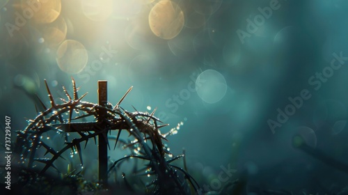 Crown of thorns and cross on bokeh background