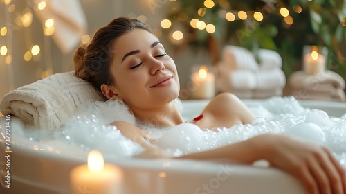 A woman enjoys moments of relaxation immersed in a hot tub in a peaceful setting. Woman in bathtub with candles beside her, softly lighting the room. photo