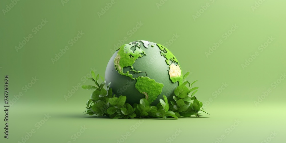 Minimalist 3D Earth Globe Render with Earth Day Environment Leaf on a Green Background Minimalist 3D Earth Globe Render with Earth Day Environment Leaf on a Green Background