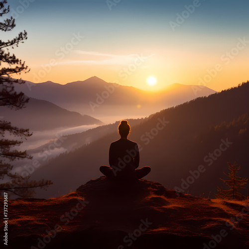 Silhouette of a person meditating on a hill at sunset © Cao