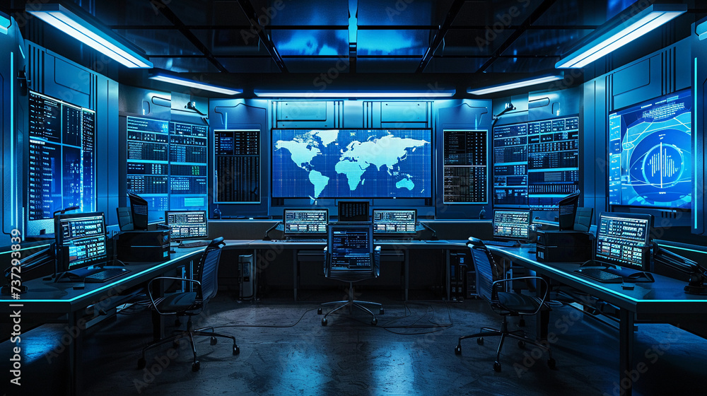 security room with multiple monitors displaying various confidential data, soft blue ambient lighting enhancing the atmosphere