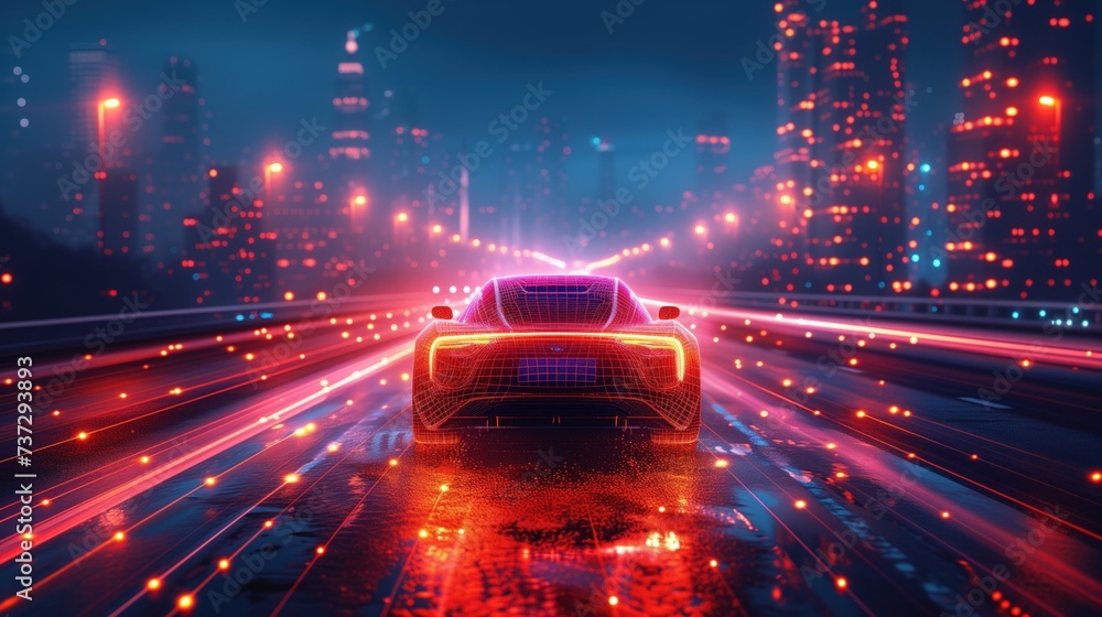 Driverless car at night on the road with sensors scanning the environment. Driverless special techniques towards the digital expressway.