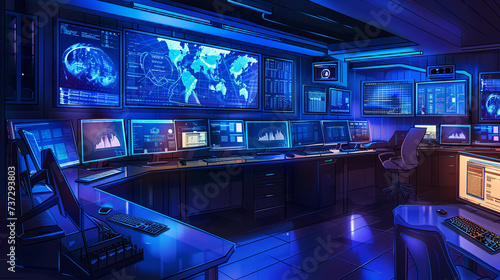 security room with multiple monitors displaying various confidential data, soft blue ambient lighting enhancing the atmosphere © Marco Attano