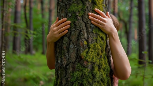 Embracing Nature. Hands of a Nature Lover Hugging a Tree Trunk Covered in Green Moss, Against a Lush Forest Background.