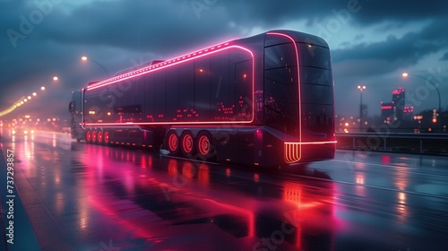 autonomous truck with cargo trailer drives at night on the road with sensors scanning the surroundings. Special Techniques of Self-driving Trucks to the Digital Expressway. photo