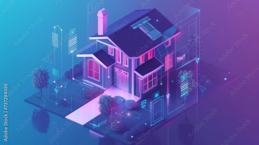 Smart home with isometric design. Private house consists of numbers code. Cyber security of IoT technology for country houses. Smart house banner or background.