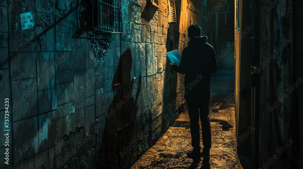 mysterious figure standing in a dimly lit alleyway, revealing a secret envelope, intricate details on the envelope